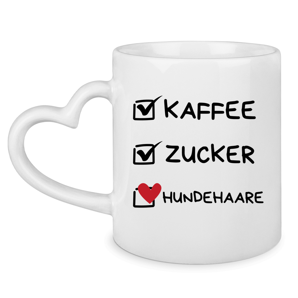 Tasse mit Herzhenkel Kaffee, Zucker, Hundehaare