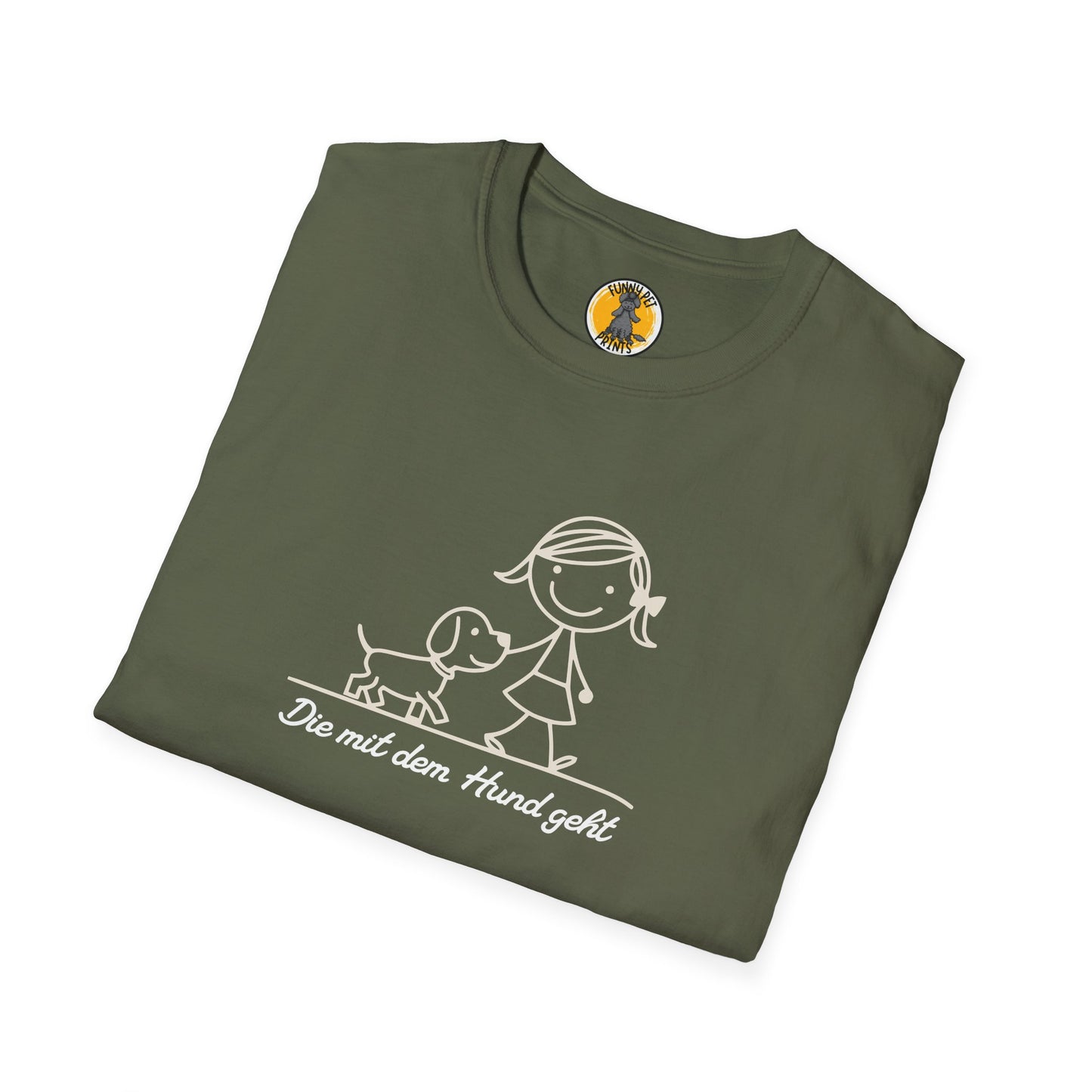 Die mit dem Hund geht, Lustiges T-Shirt für Hundeliebhaberinnen, Unisex Softstyle T-Shirt