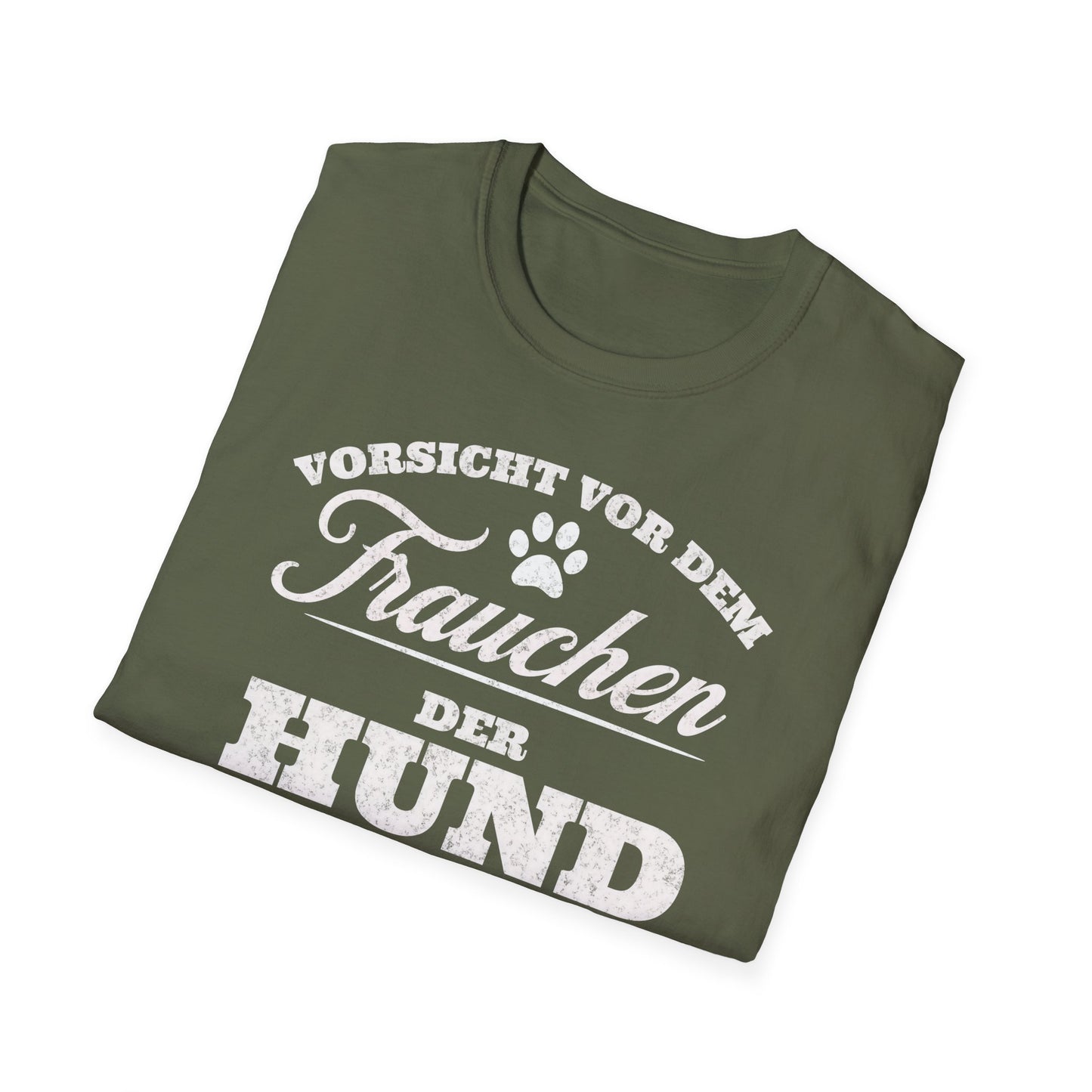 Vorsicht vor dem Frauchen, der Hunde ist harmlos. Lustiges T-Shirt für Hundeliebhaberinnen, Unisex Softstyle T-Shirt