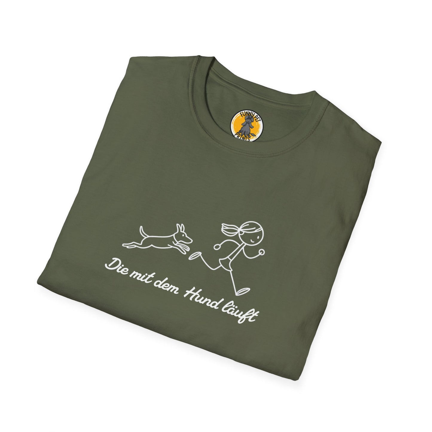 Die mit dem Hund läuft, Lustiges T-Shirt für Hundeliebhaberinnen. Unisex Softstyle T-Shirt