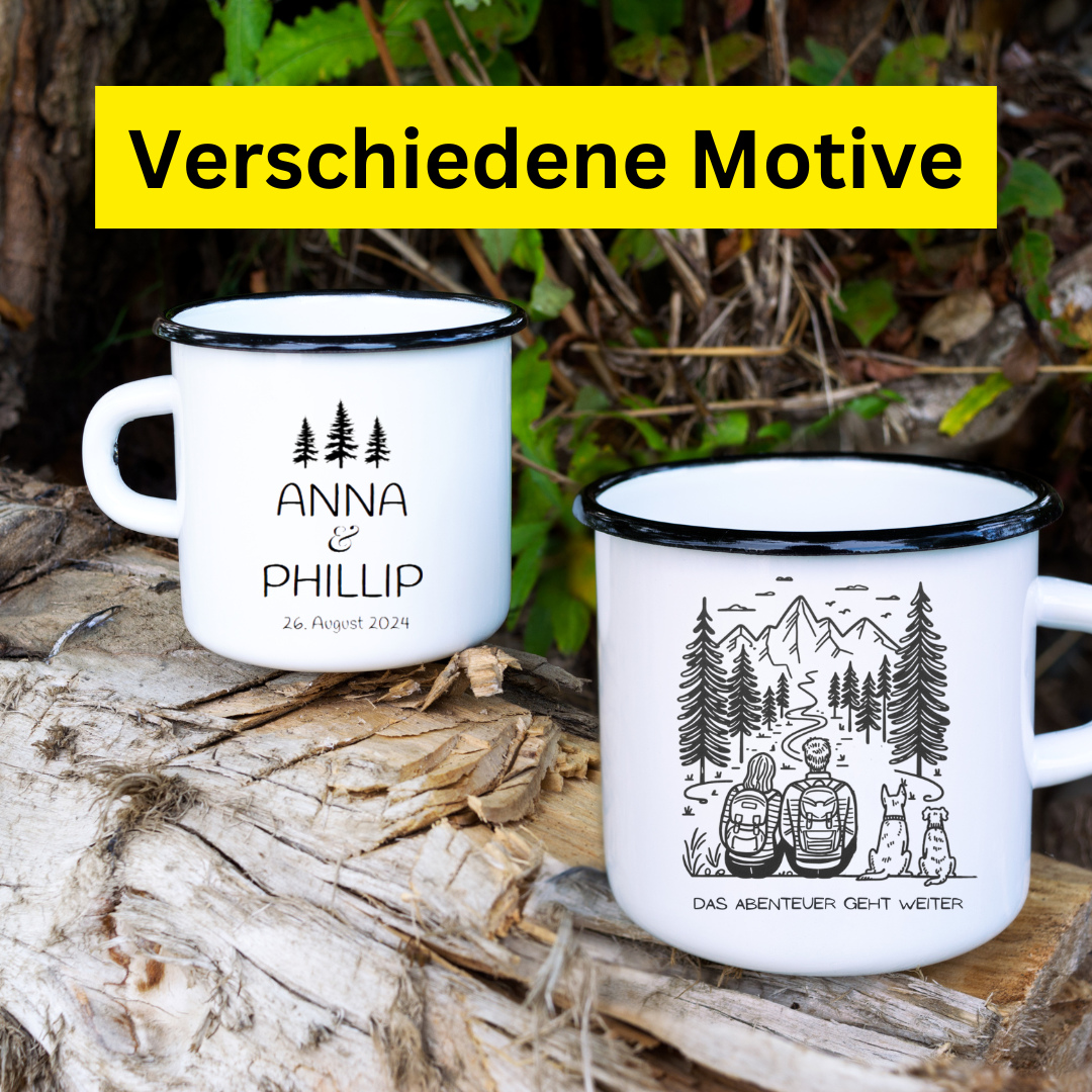 Das Abenteuer geht weiter - Pärchen Emailletasse individualisierbar - Emaille Tasse (Black)