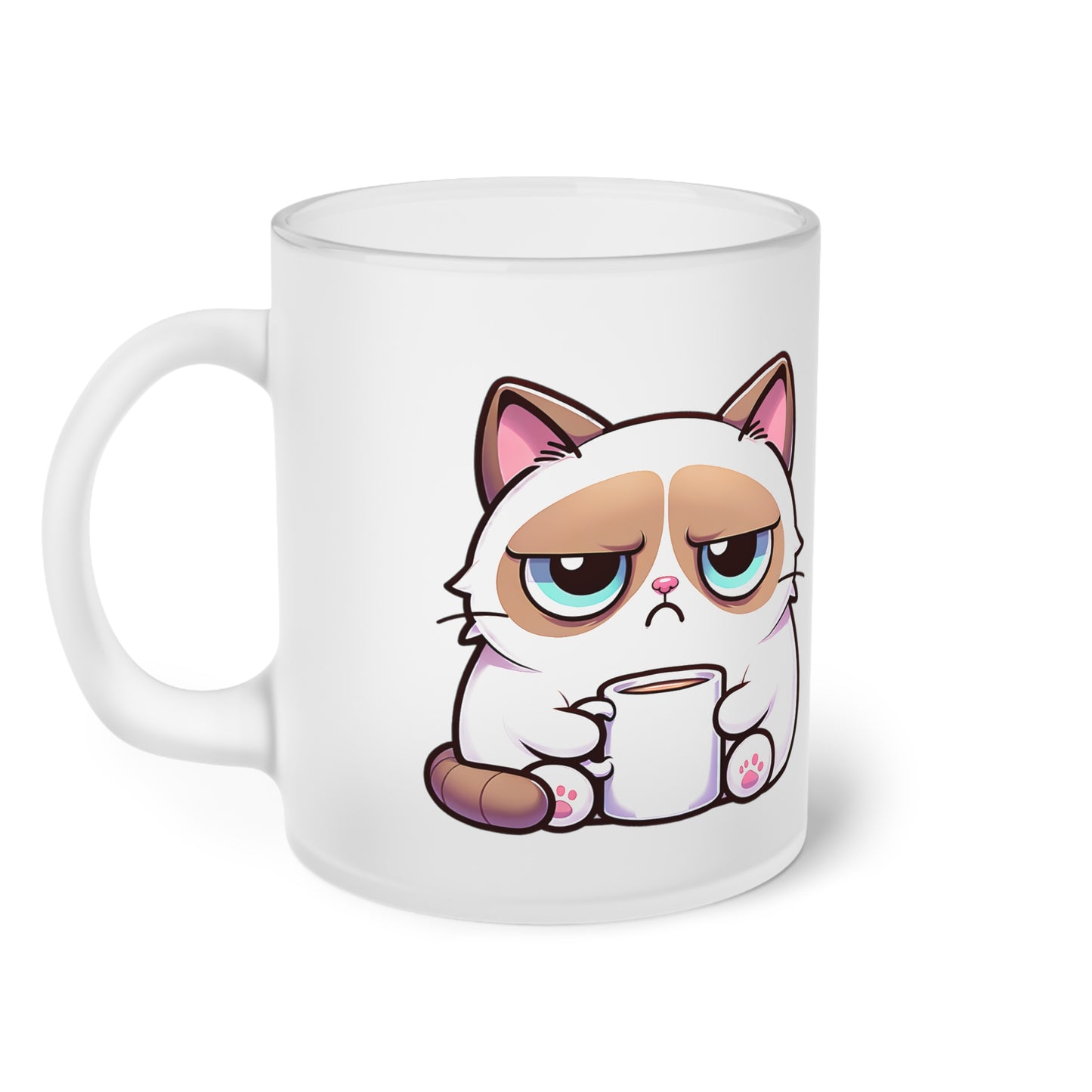 Lustiger Katzen-Glasbecher, mürrische Katze mit Kaffeetasse, humorvolles Zitat, Geschenk für Katzenliebhaber, Katzenbesitzer-Tasse