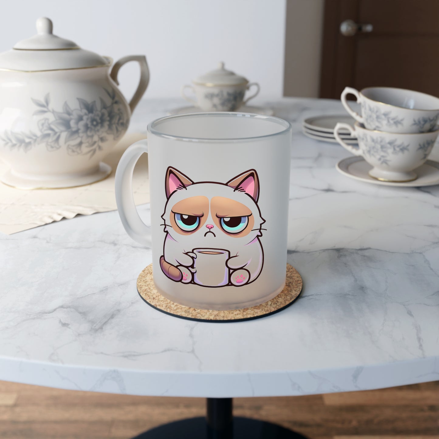 Lustiger Katzen-Glasbecher, mürrische Katze mit Kaffeetasse, humorvolles Zitat, Geschenk für Katzenliebhaber, Katzenbesitzer-Tasse