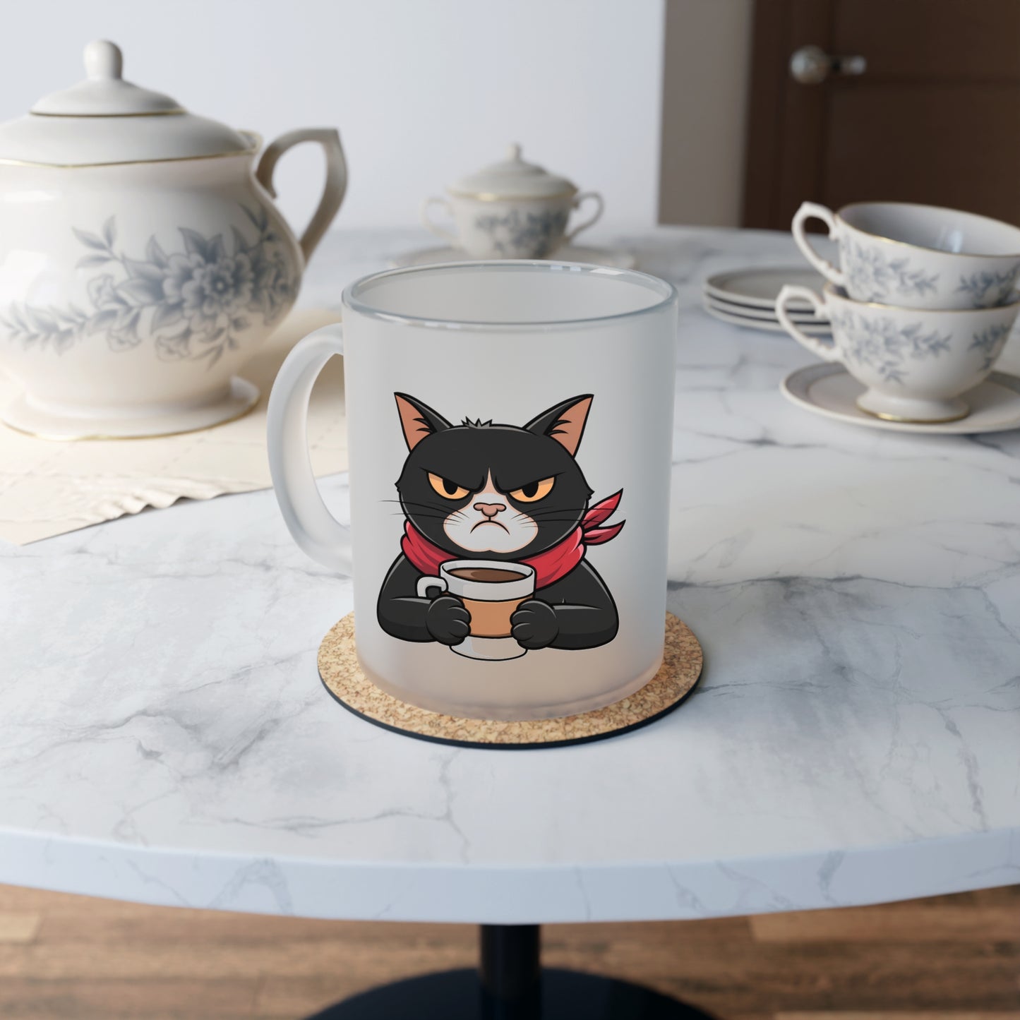 Lustiger Katzen-Glasbecher, mürrische Katze mit Kaffeetasse, humorvolles Zitat, Geschenk für Katzenliebhaber, Katzenbesitzer-Tasse