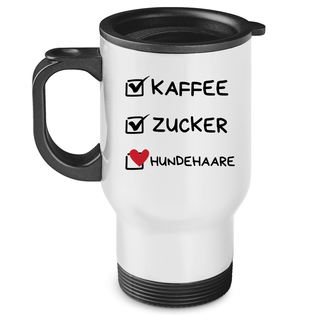 Edelstahl-Thermobecher Kaffee, Zucker, Hundehaare