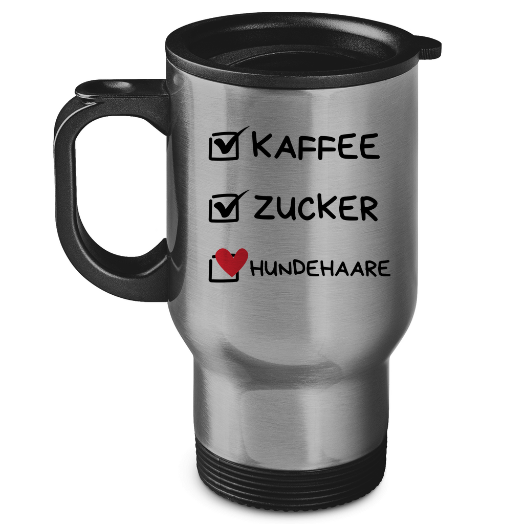 Edelstahl-Thermobecher Kaffee, Zucker, Hundehaare