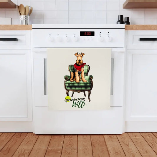 Geschirrhandtuch Airedale auf Sessel - personalisierbar