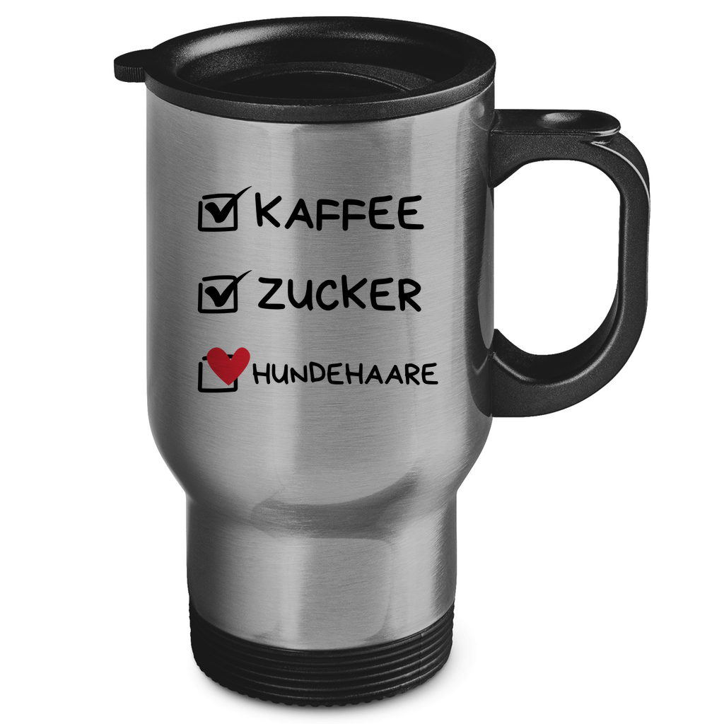 Edelstahl-Thermobecher Kaffee, Zucker, Hundehaare