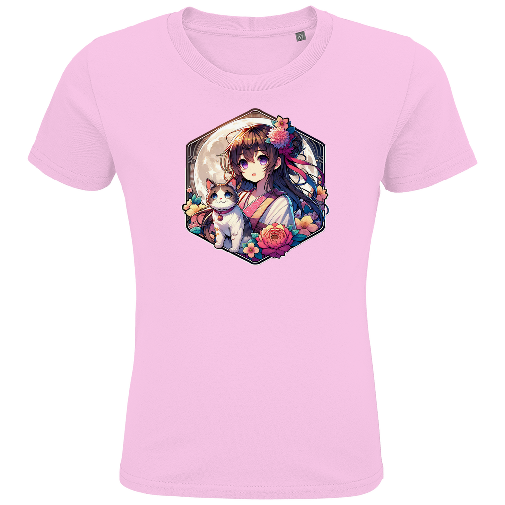 Kids Premium Bio T-Shirt "Anime Mädchen und Katze"