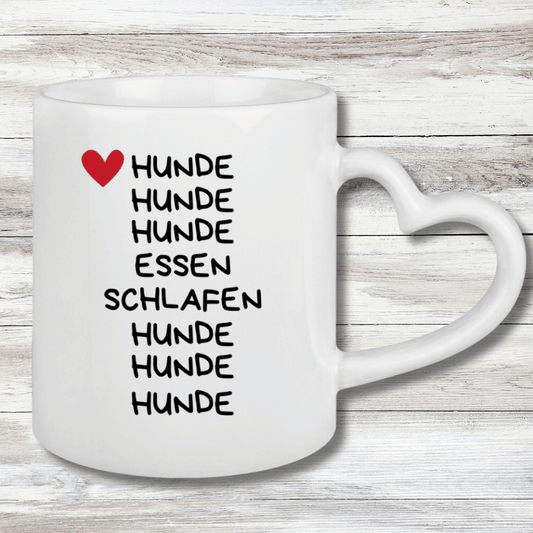 Tasse mit Herzhenkel Hunde, Essen, Schlafen, Hunde