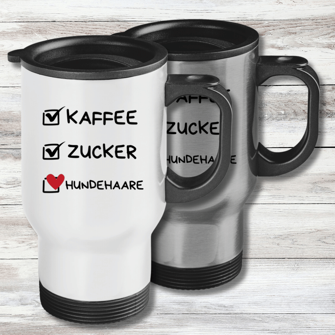 Edelstahl-Thermobecher Kaffee, Zucker, Hundehaare