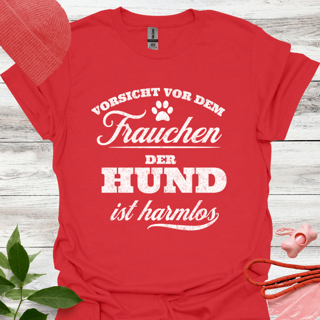 Vorsicht vor dem Frauchen, der Hunde ist harmlos. Lustiges T-Shirt für Hundeliebhaberinnen, Unisex Softstyle T-Shirt