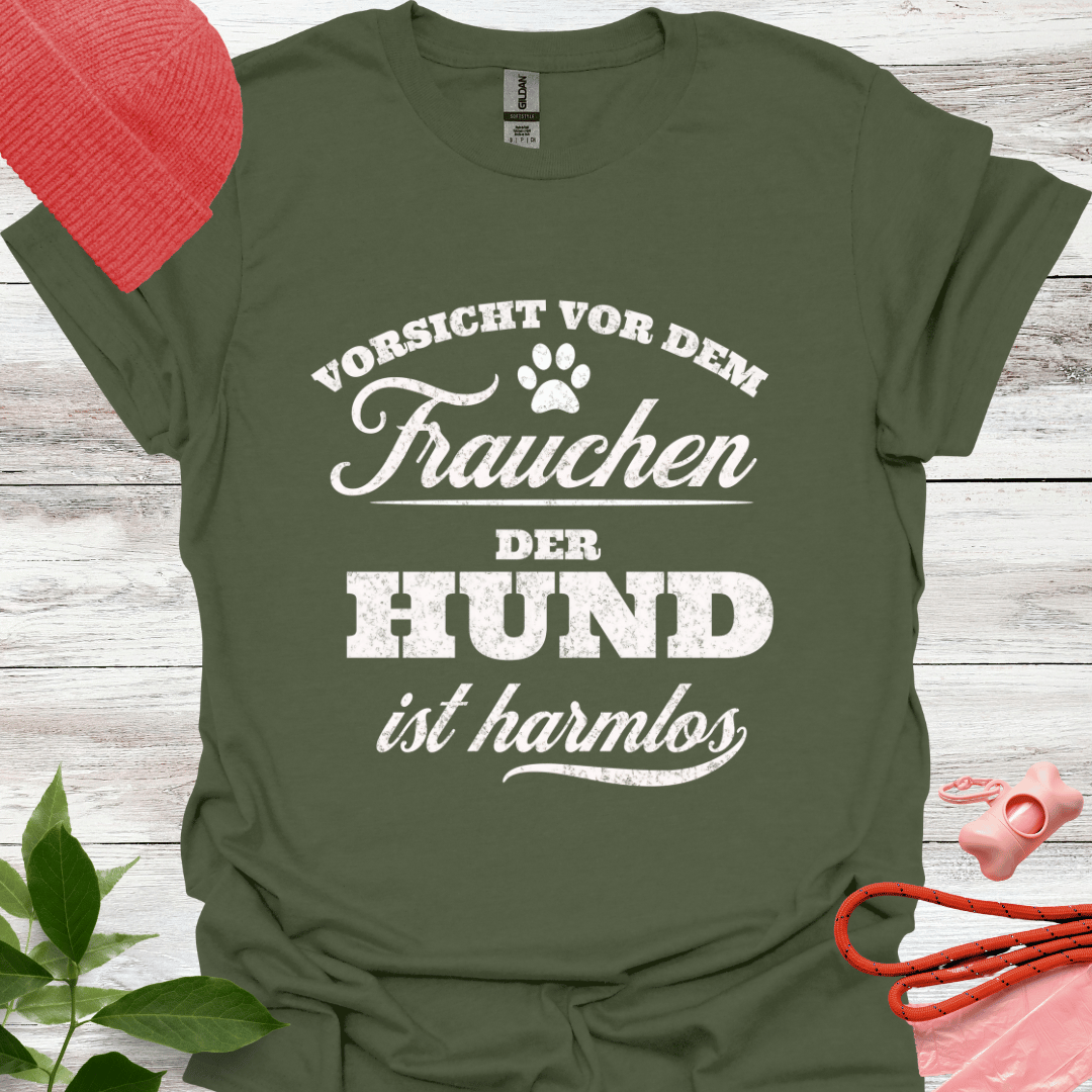 Vorsicht vor dem Frauchen, der Hunde ist harmlos. Lustiges T-Shirt für Hundeliebhaberinnen, Unisex Softstyle T-Shirt