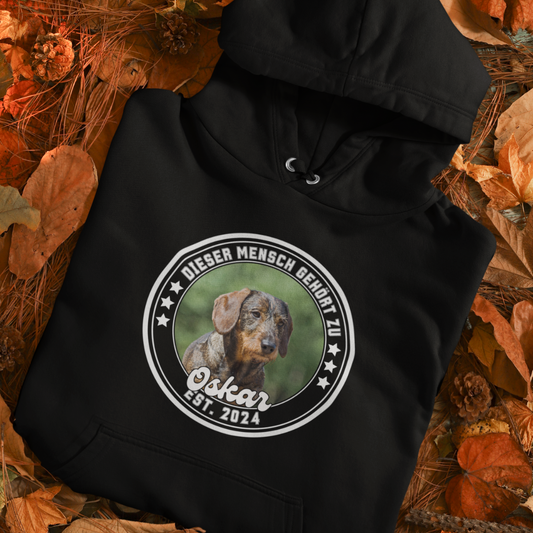 Dieser Mensch gehört zu... - individualisierbar mit Foto und Namen des Hundes - Premium Unisex Hoodie