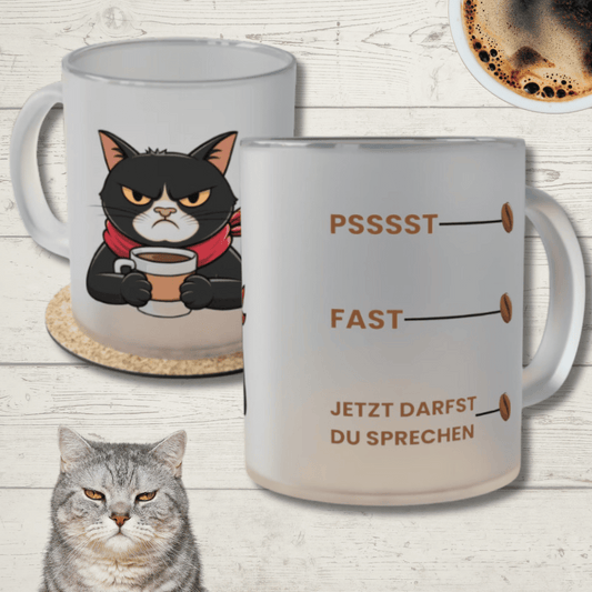 Lustiger Katzen-Glasbecher, mürrische Katze mit Kaffeetasse, humorvolles Zitat, Geschenk für Katzenliebhaber, Katzenbesitzer-Tasse