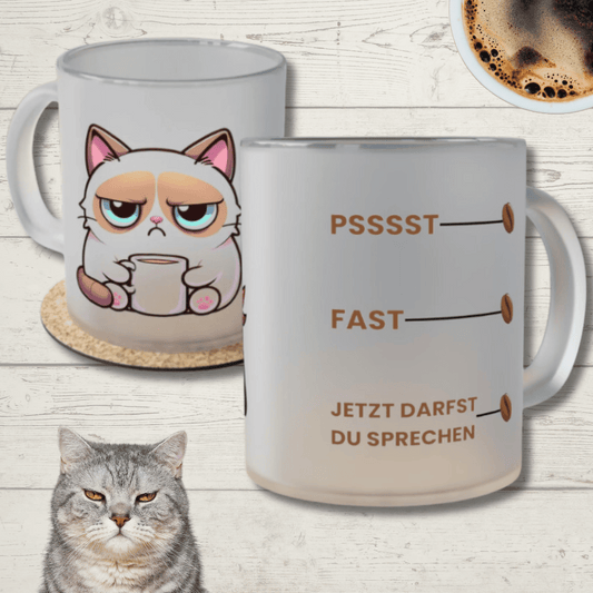 Lustiger Katzen-Glasbecher, mürrische Katze mit Kaffeetasse, humorvolles Zitat, Geschenk für Katzenliebhaber, Katzenbesitzer-Tasse