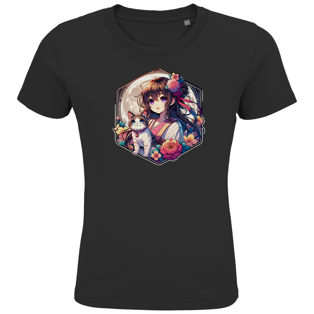 Kids Premium Bio T-Shirt "Anime Mädchen und Katze"