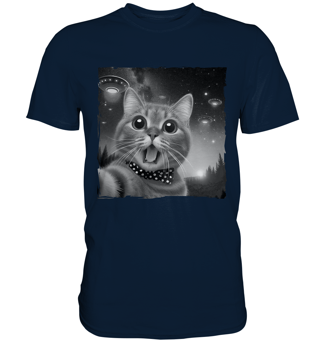 Katze Selfie hinter Ufos am Himmel - Premium Shirt