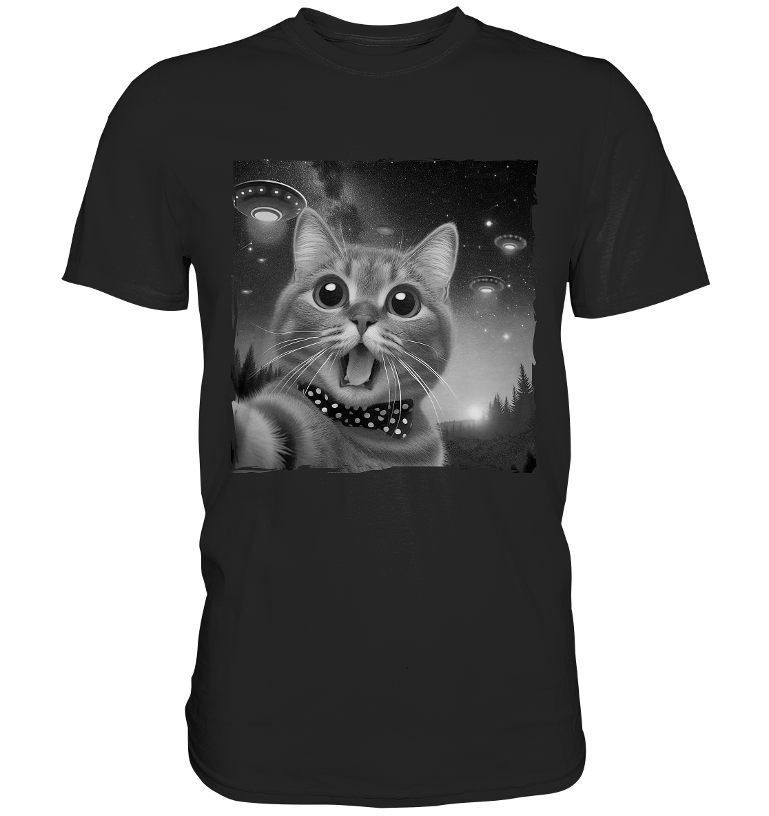 Katze Selfie hinter Ufos am Himmel - Premium Shirt