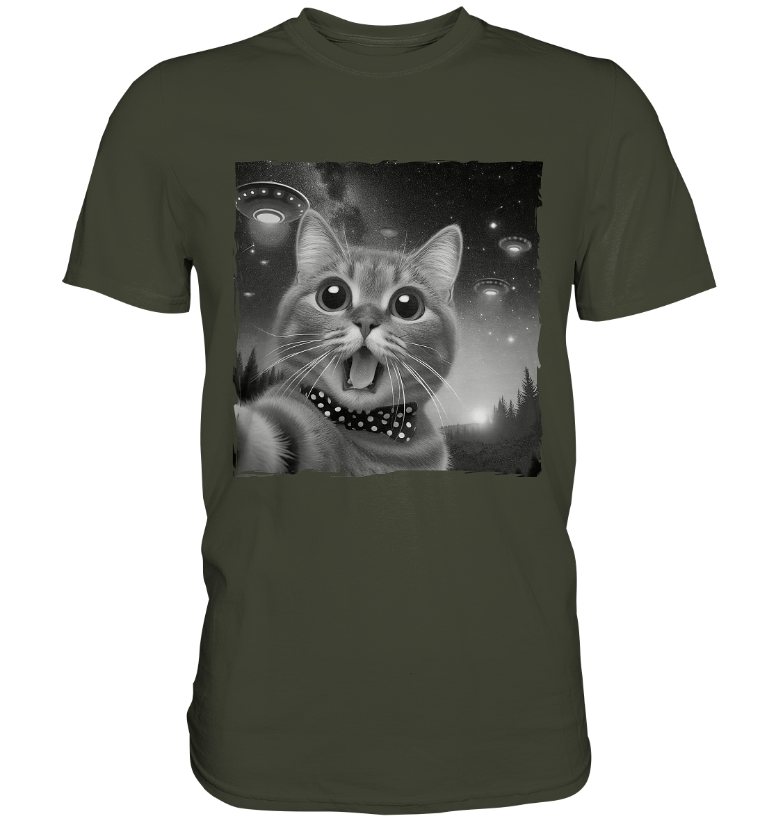 Katze Selfie hinter Ufos am Himmel - Premium Shirt