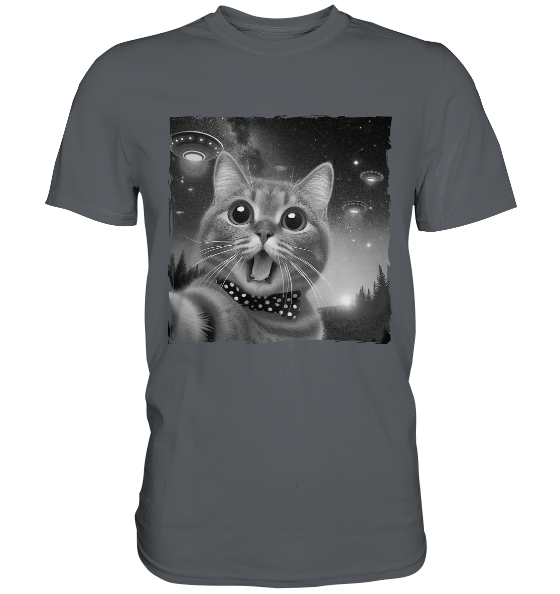 Katze Selfie hinter Ufos am Himmel - Premium Shirt